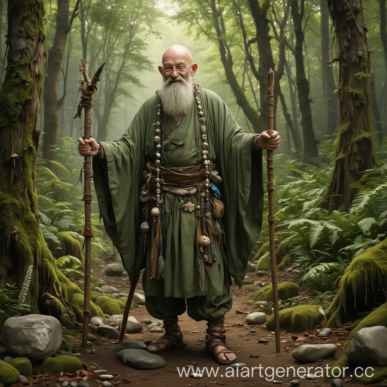 Cheerful-Druid-Grandpa-in-Samurai-Pose-with-Green-Runes-and-Forest-Background