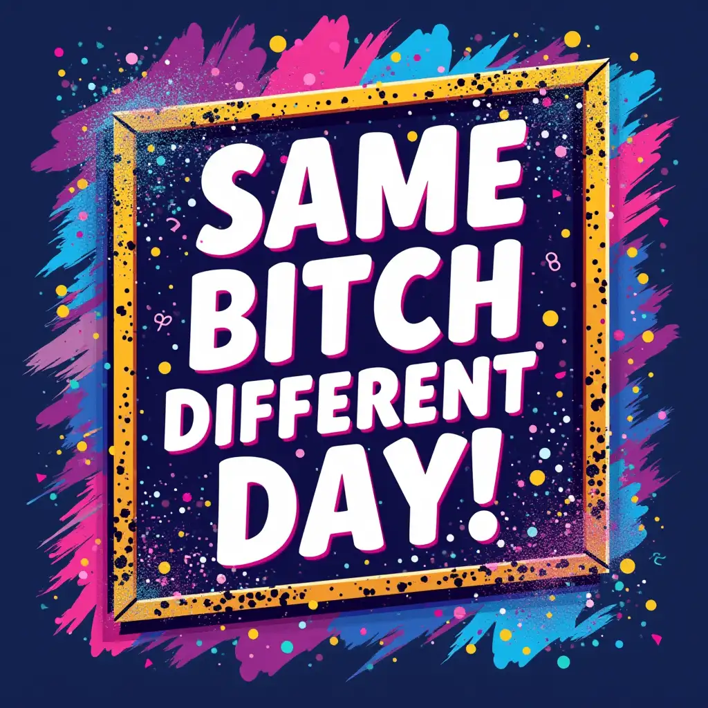 Vector, neon Art. Create a vibrant, abstract graphic with the text 'SAME BITCH DIFFERENT DAY' in bold, white letters within a gold-framed box. The background should be a colorful gradient of blues, purples, and pinks, with leopard print and glitter accents. The text should be surrounded by colorful brushstrokes and splatters. The overall style should be playful and energetic, with a touch of sassiness.