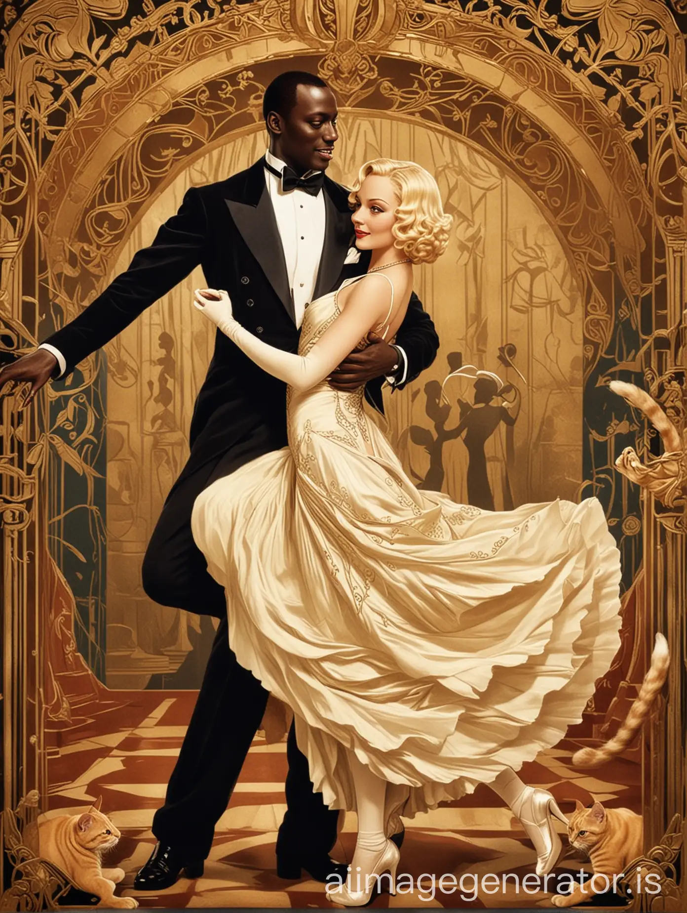 Cinema poster 'The beautiful cat' in Art Deco style, with Omar Sy as Marquis de Carabas dancing with a blonde princess and the beautiful cat of Charles Perrault