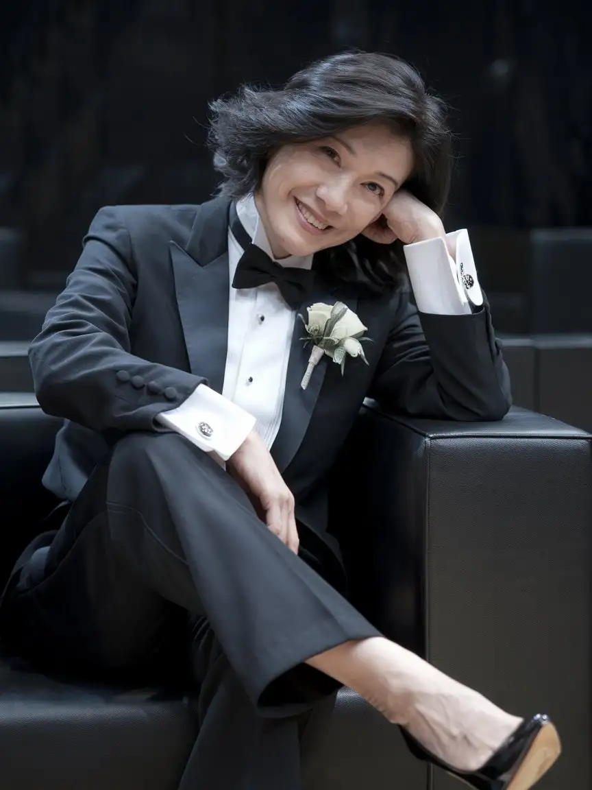 Sexy and smiling and laughing and 40 years old Chinese woman with ebony black shoulder length hair wearing a tuxedo with a corsage and black tuxedo pants and a black  bowtie and a black  cummerbund, seated alone in a dark room.  Her tuxedo pants are black.  She is facing forward and looking at the viewer and she is smiling.  Her white shirt has double french cuffs with big black cufflinks. Her is leaning her head on her hand.  Her high heels are black and shiny.  She is smiling.