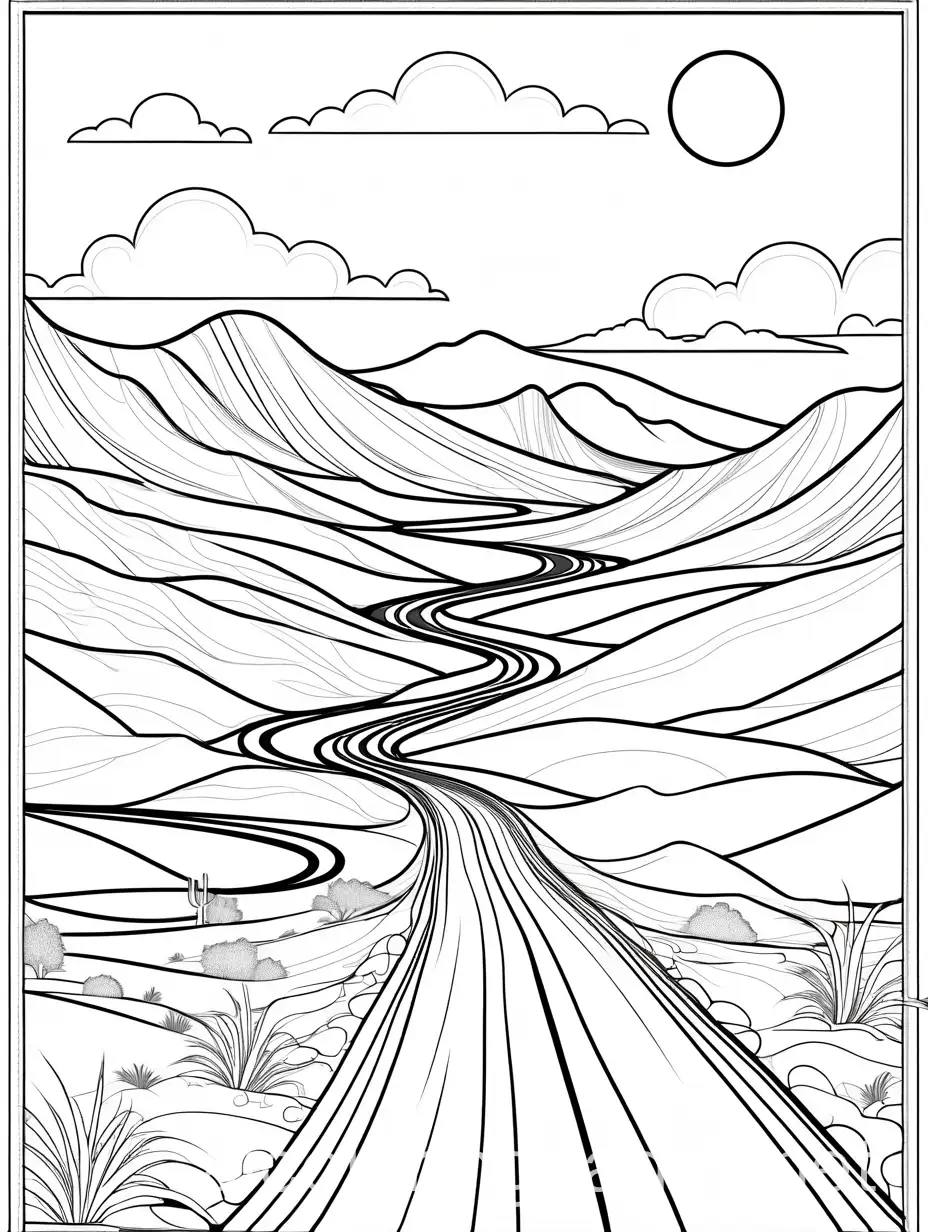 Simple-Black-and-White-Desert-Road-Coloring-Page-for-Kids