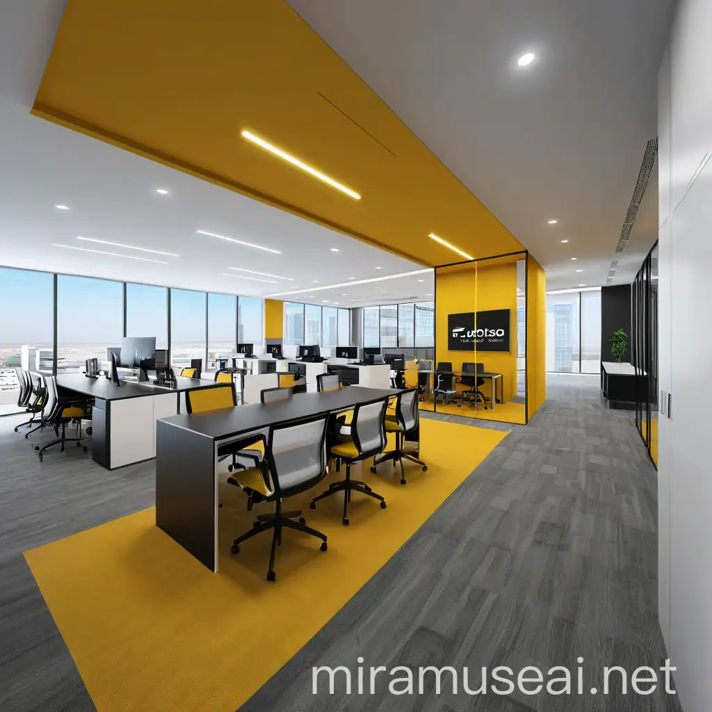 Modern Office Design with Large Windows and Black Color Scheme