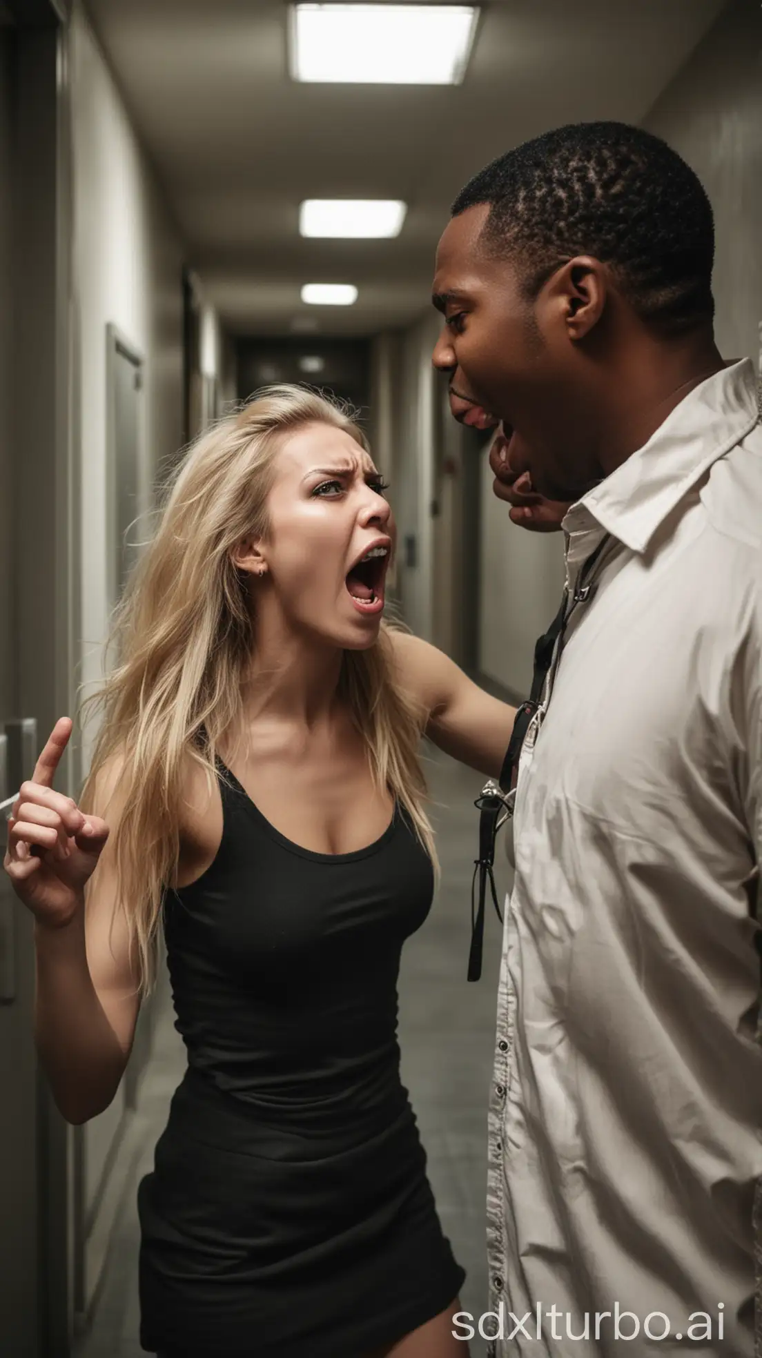 Intense-Argument-Between-a-Blonde-Model-and-a-Black-Man-in-a-Dark-Corridor