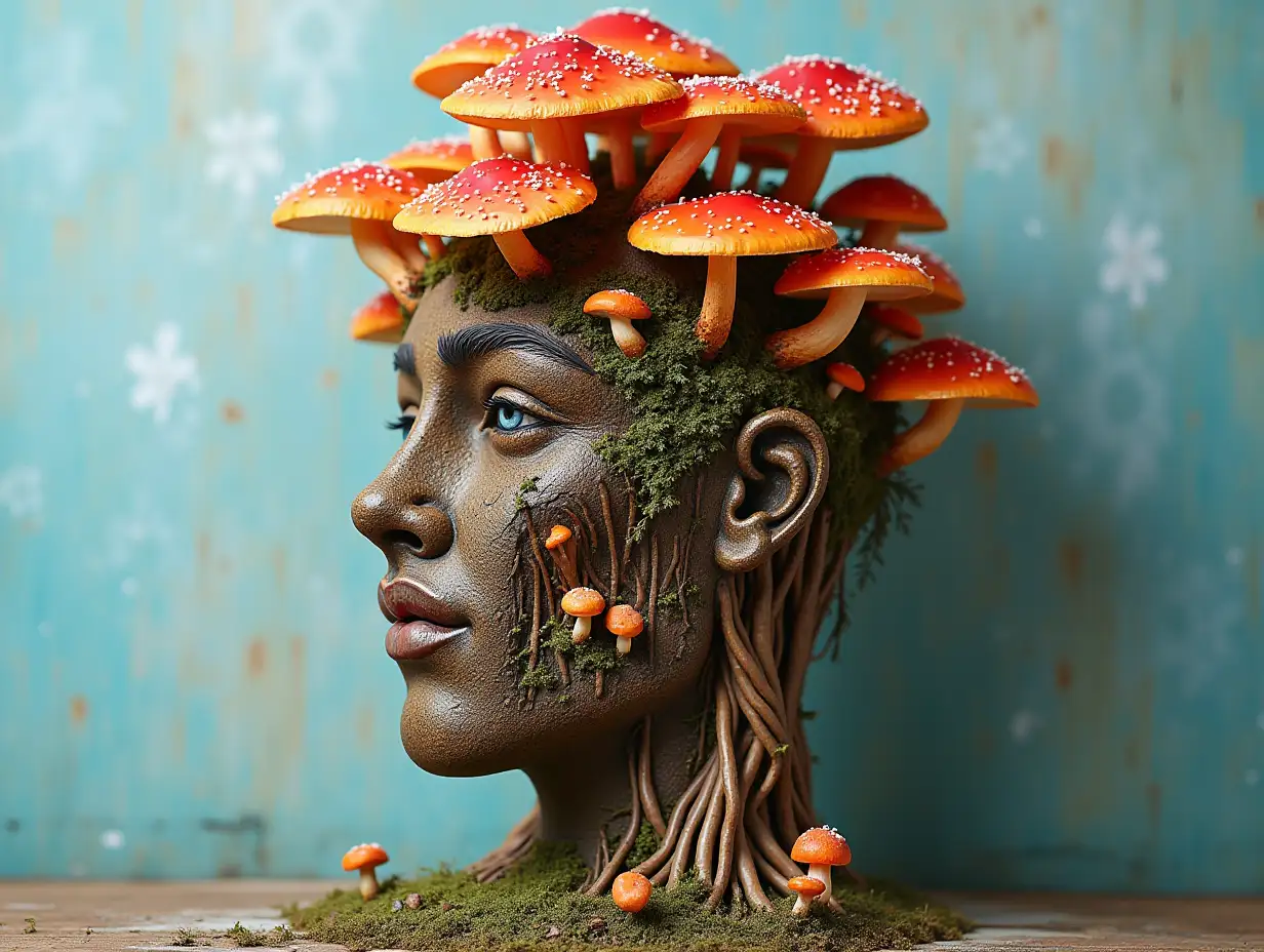 Face transformed into building with colorful mushroom roots