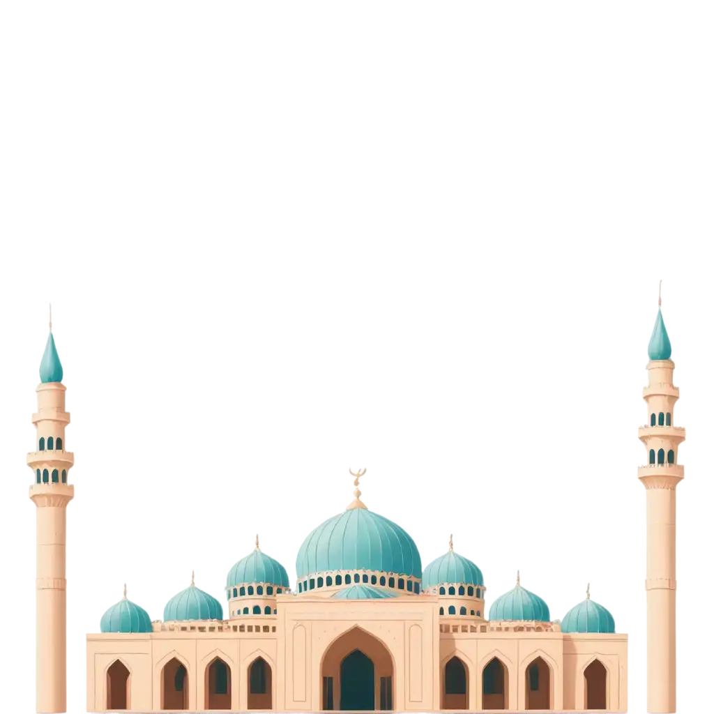 A simple, illustrated mosque with a patterned dome and a tall minaret, set against a pastel sky with clouds. The style should be clean and minimalist.