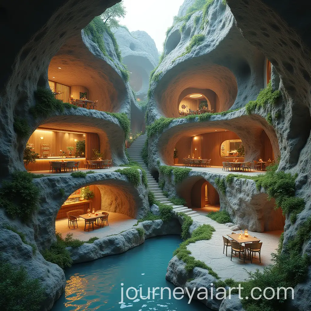 Restaurant-and-Cafe-Inside-Rock-Mountain-with-Water-Canal-Flowing-Through-Multiple-Floors