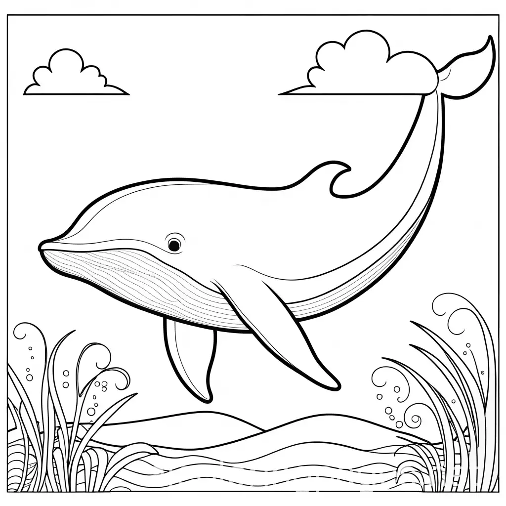 a cute blue whale colouring page, Coloring Page, black and white, line art, white background, Simplicity, Ample White Space. The background of the coloring page is plain white to make it easy for young children to color within the lines. The outlines of all the subjects are easy to distinguish, making it simple for kids to color without too much difficulty