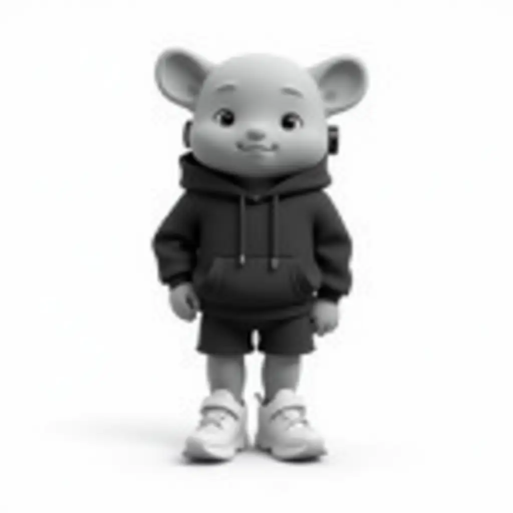 A unique, original character design for animation. The character is not a human or animal, something new and creative, with a smooth grey skin or surface. It has cute or stylish ears (not animal-like, more abstract or techy). The character has a slightly chubby or fuller body type to add charm and uniqueness. Outfit includes white Nike Air Max sneakers, black shorts, black hoodie, Apple AirPods Max headphones, and an Apple Watch. The character should look modern, minimalistic, and suitable for YouTube content. Full body, front view, clean white background.