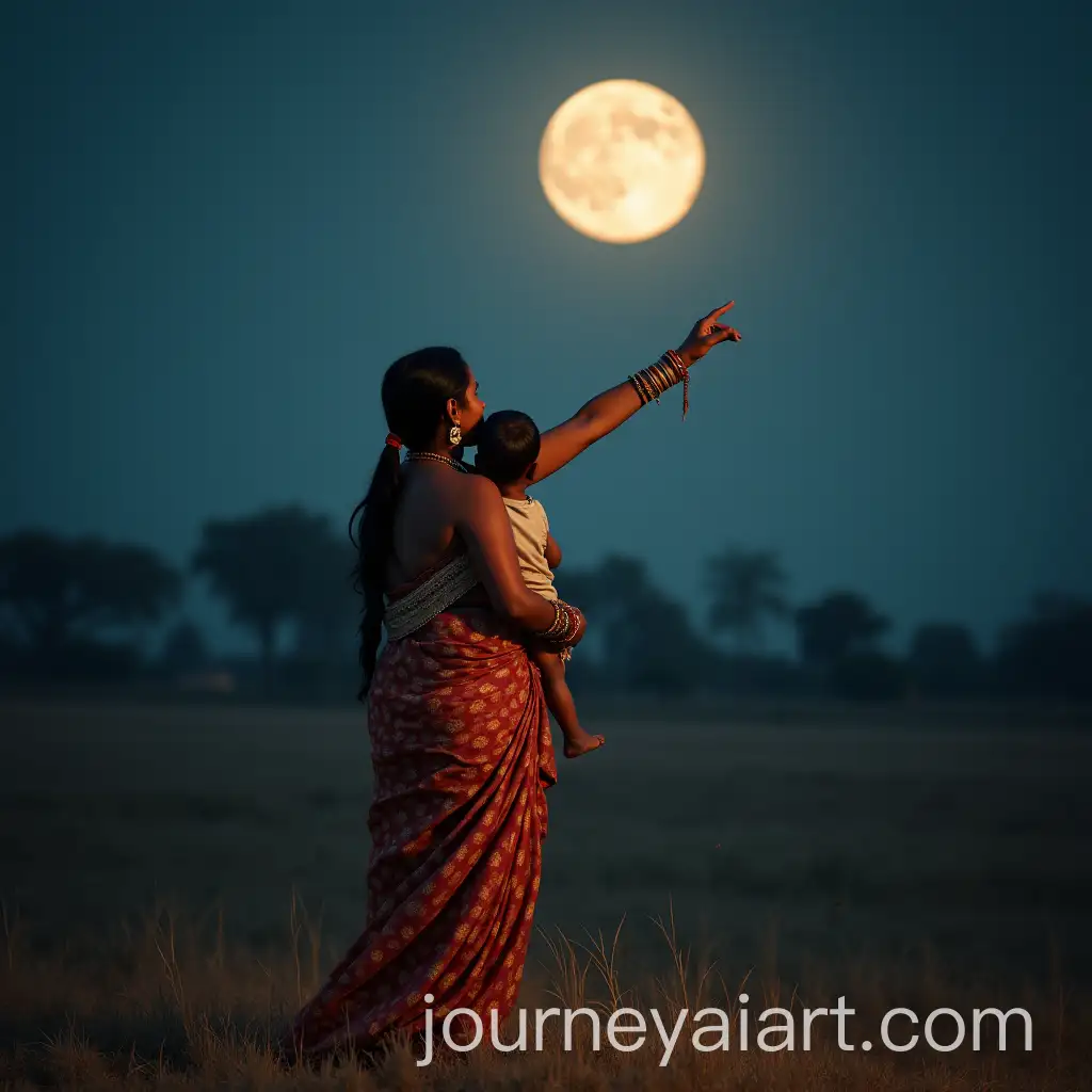Traditional-Indian-Mother-Showing-Moon-to-Baby-Boy-in-Moonlight