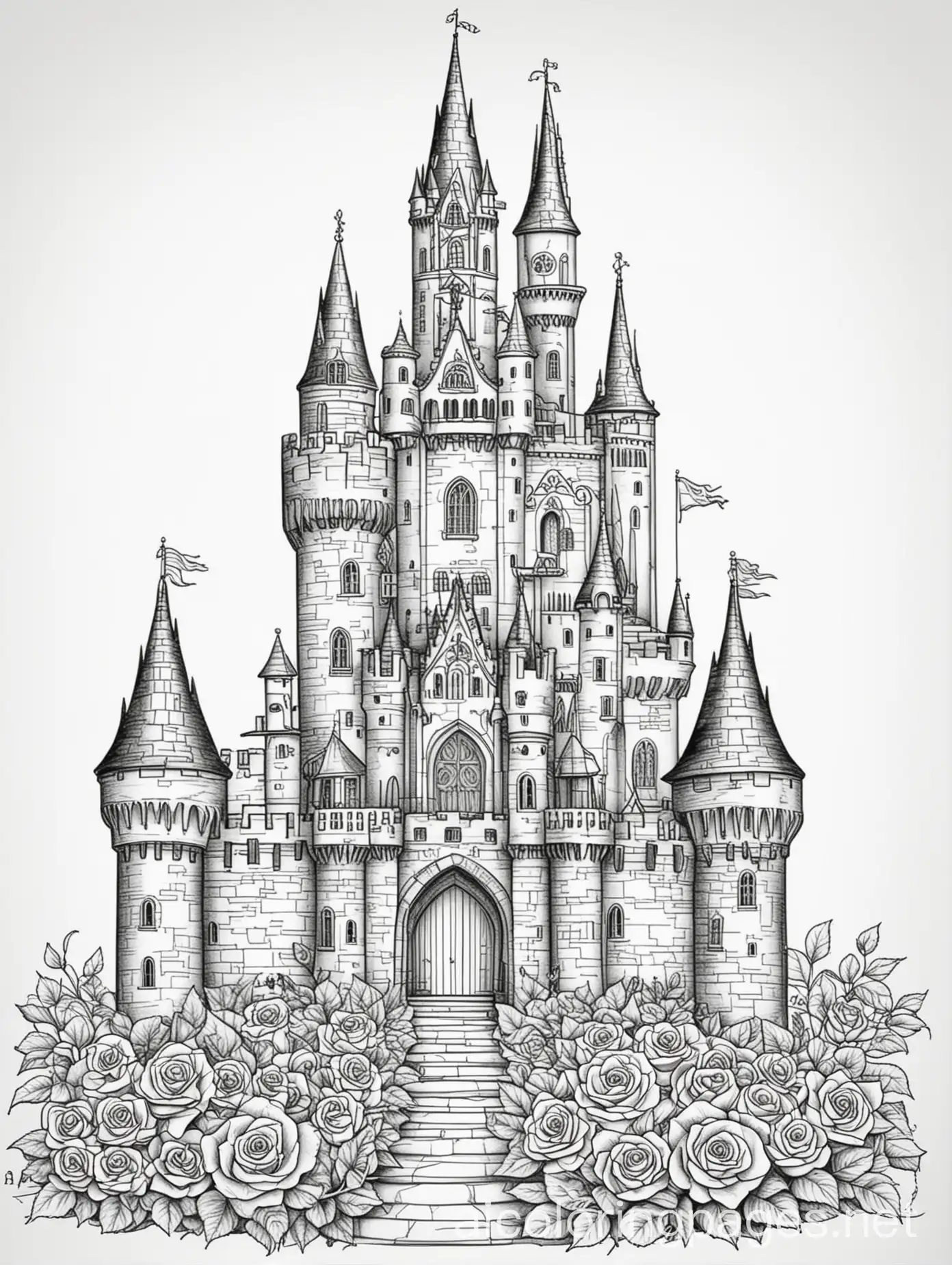 Castle-with-RoseCovered-Towers-Coloring-Page