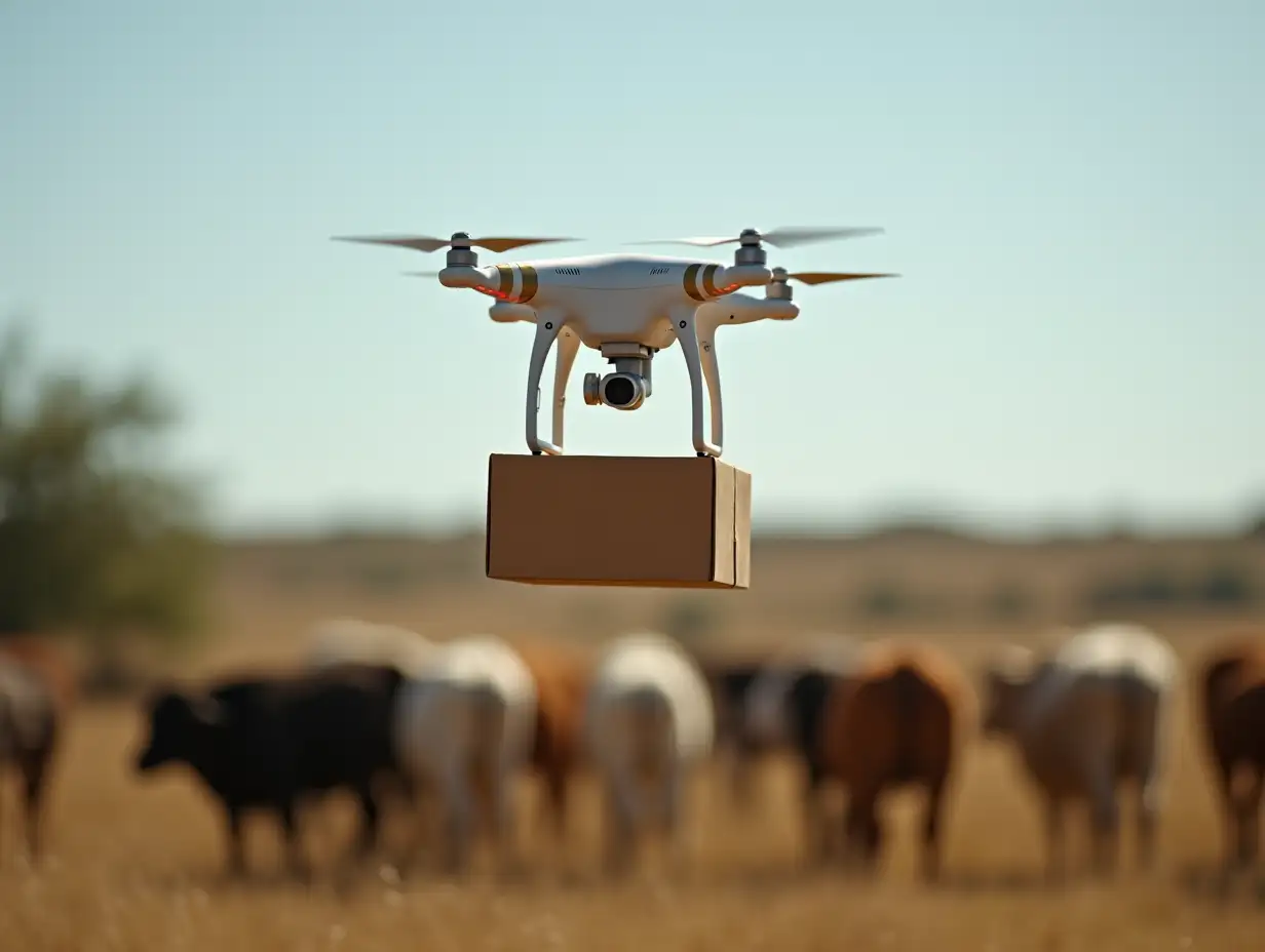 Drone in flight with parcel box under it FLying around rancho with cows