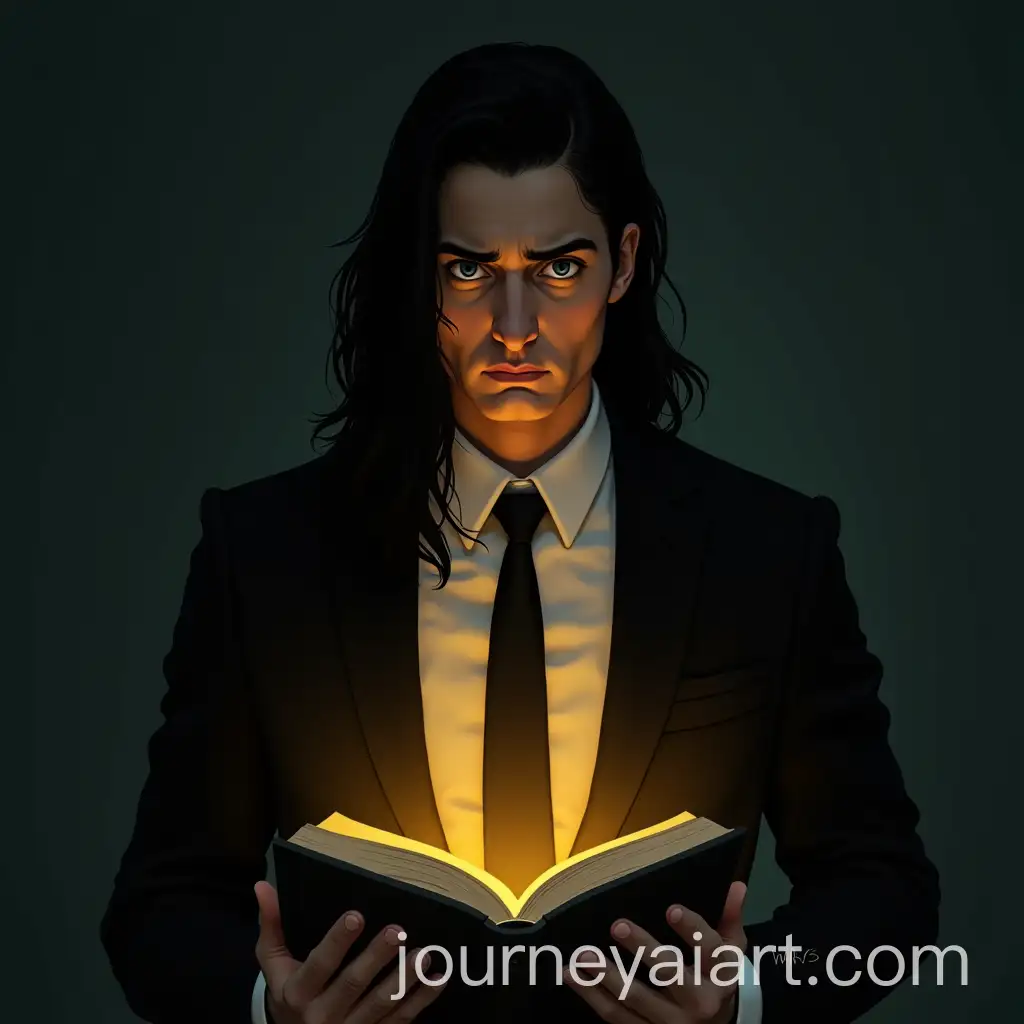 Man-in-Tuxedo-Holding-a-Glowing-Yellow-Book-with-Sharp-Features-and-Tired-Expression