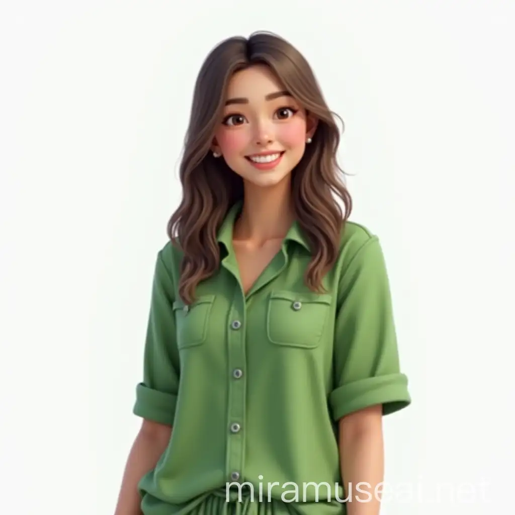 Friendly Woman in Green Relaxed Clothes on White Background