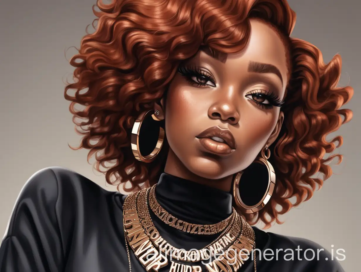 Stylish thick Black woman auburn hair  jewelry hip hop inspired