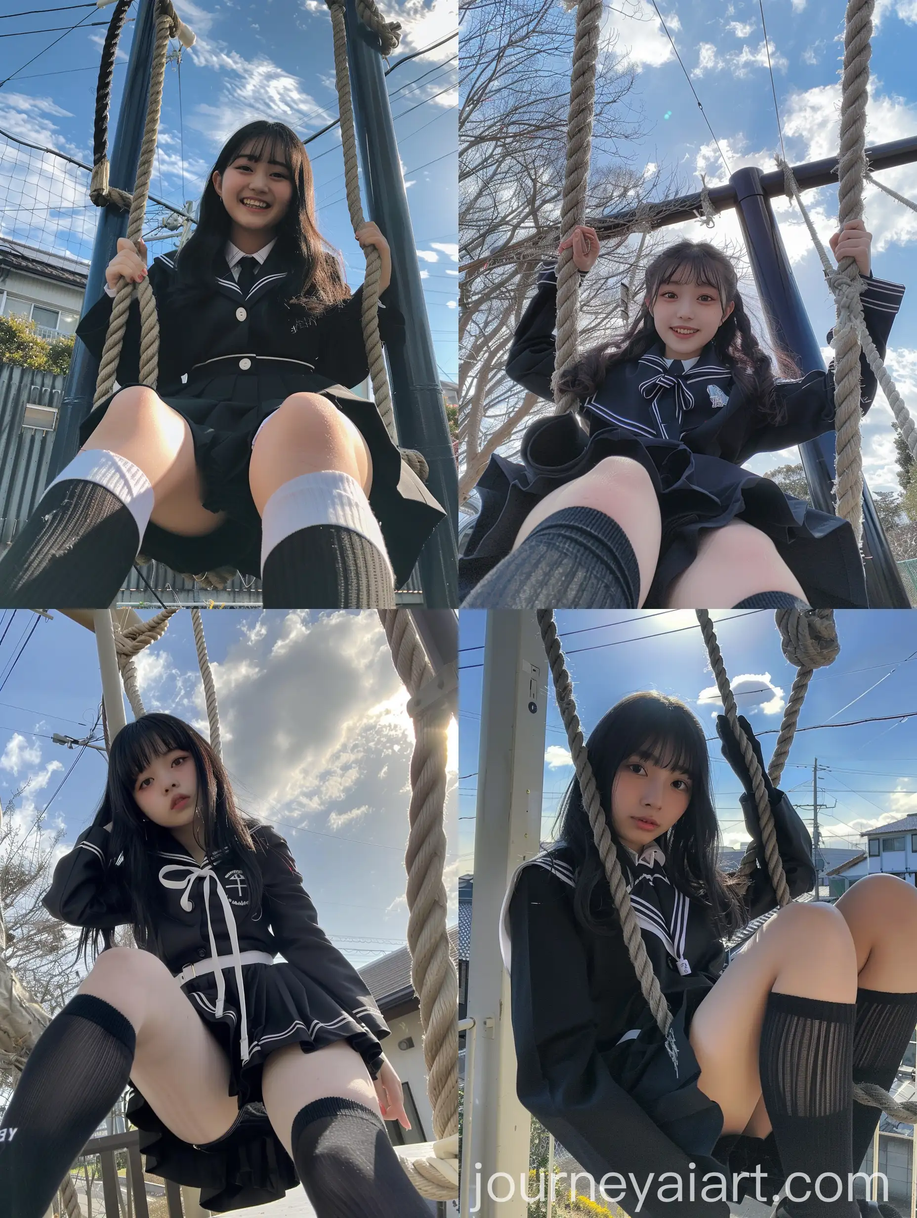 Young-Woman-in-Black-School-Uniform-Taking-Natural-Sky-View-Selfie