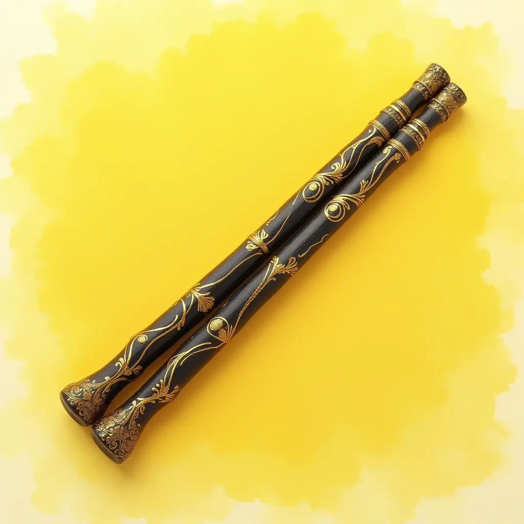 Magical-Drummers-Sticks-with-Intricate-Golden-Inlays-on-Yellow-Watercolor-Background