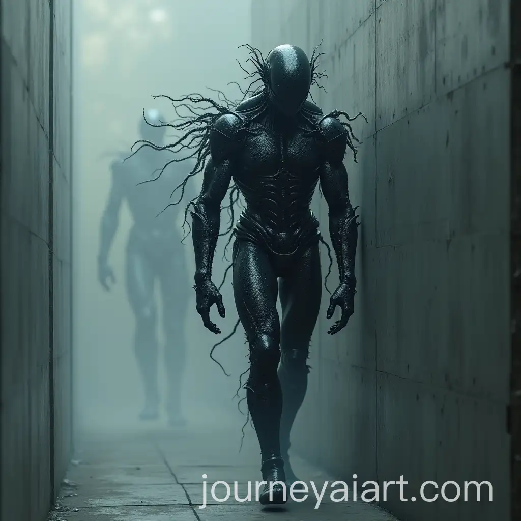 Black-Mechanical-Being-Phasing-Through-Wall-with-Glimmering-Fishlike-Scales