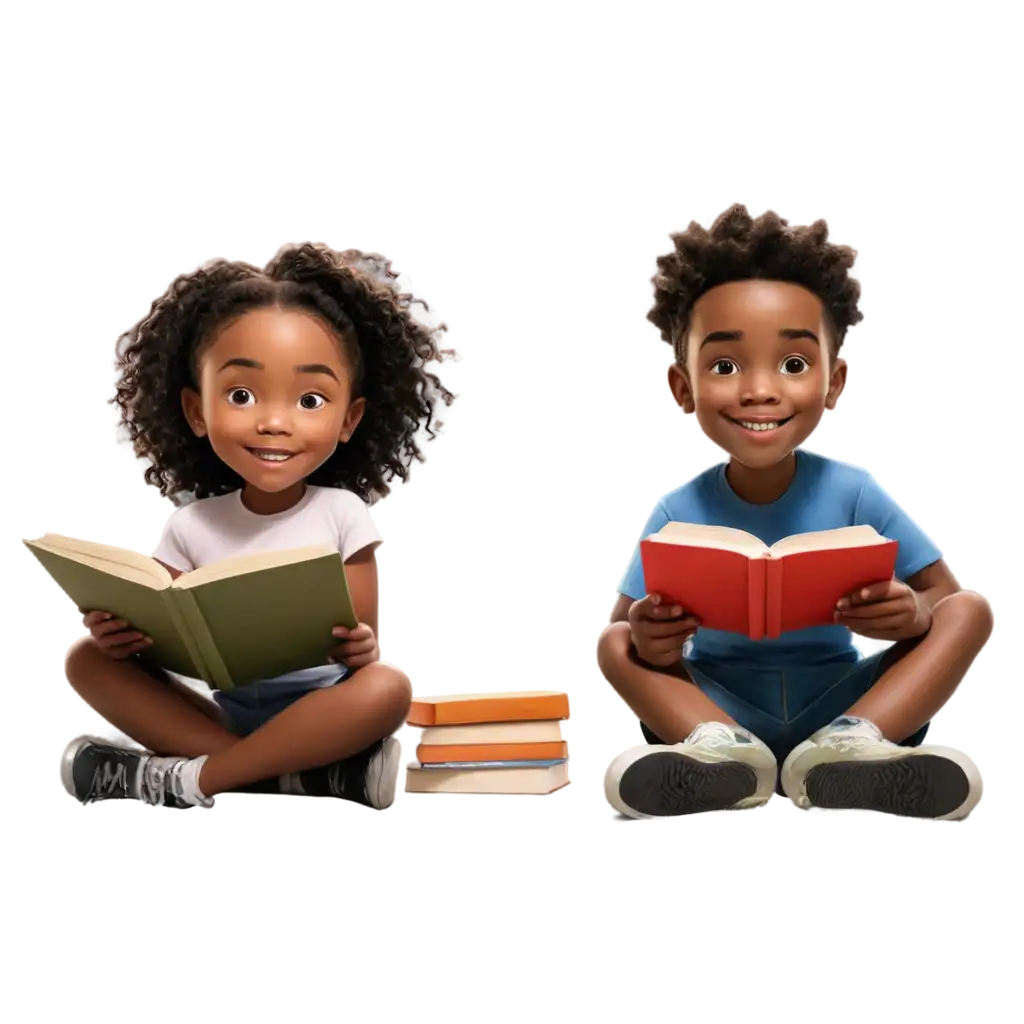 HiDef-PNG-Image-of-African-American-Boy-and-Girl-Reading-Books-in-a-Library