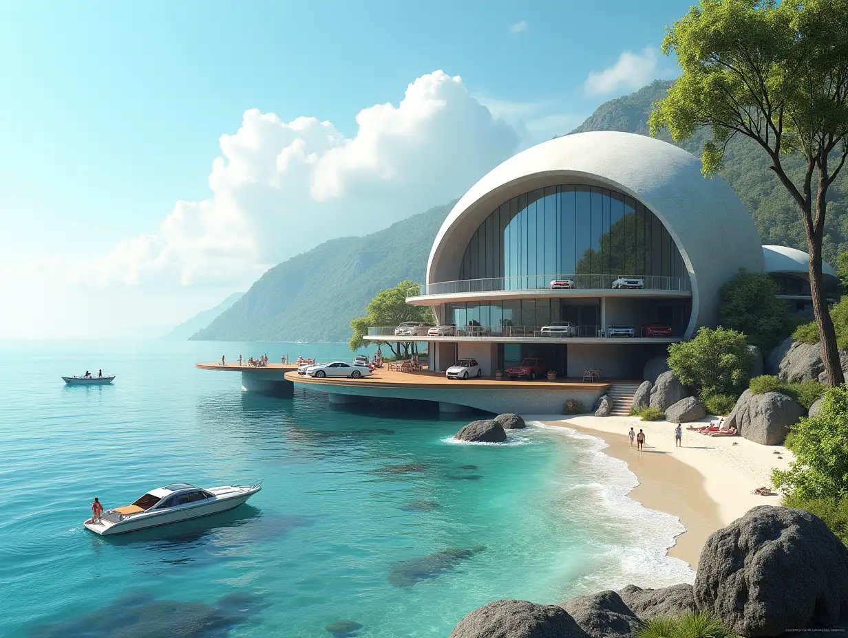 Create a high-resolution, realistic panorama image of a futuristic terrace building with window snail house with parking and a 1959 Cadillac Eldorado bridge a yacht and a small boat beach with people swimming many plants and gray and brown facades with sea with waves, large trees, blue sky