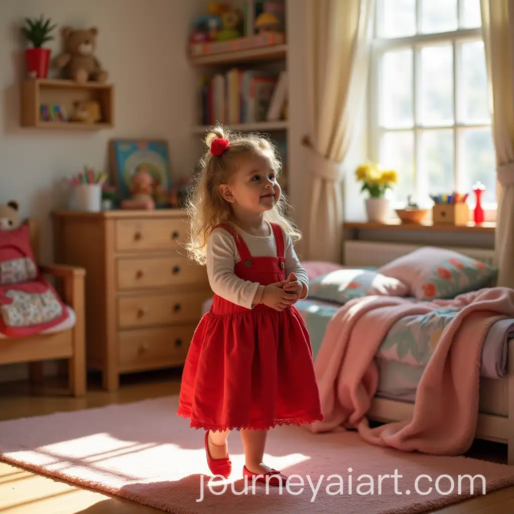 Excited-Girls-First-Day-of-Preschool-with-Red-Dress-and-Art-Supplies