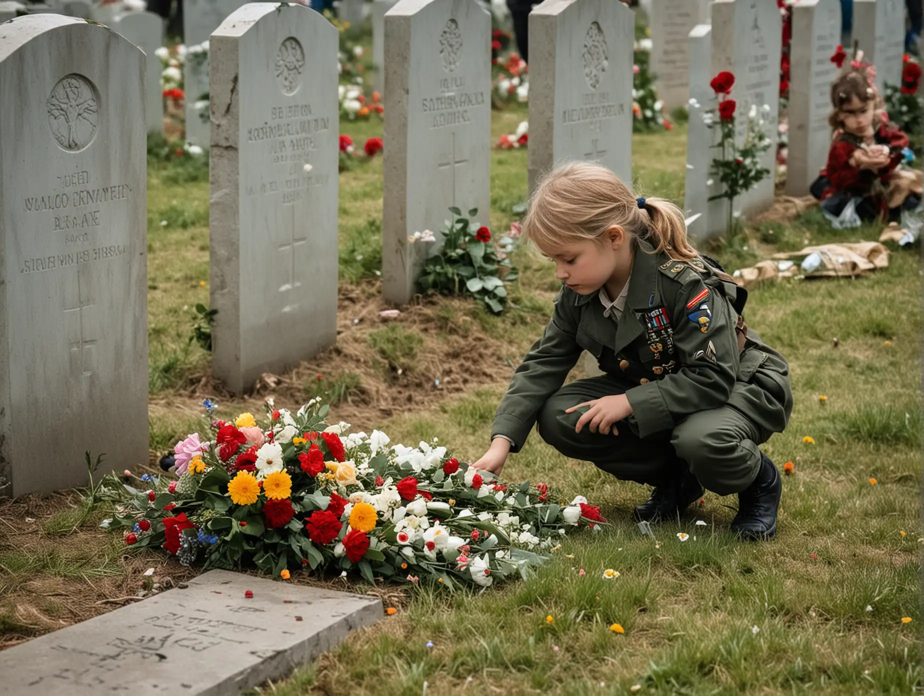 Child Laying Flowers on Soldiers Grave