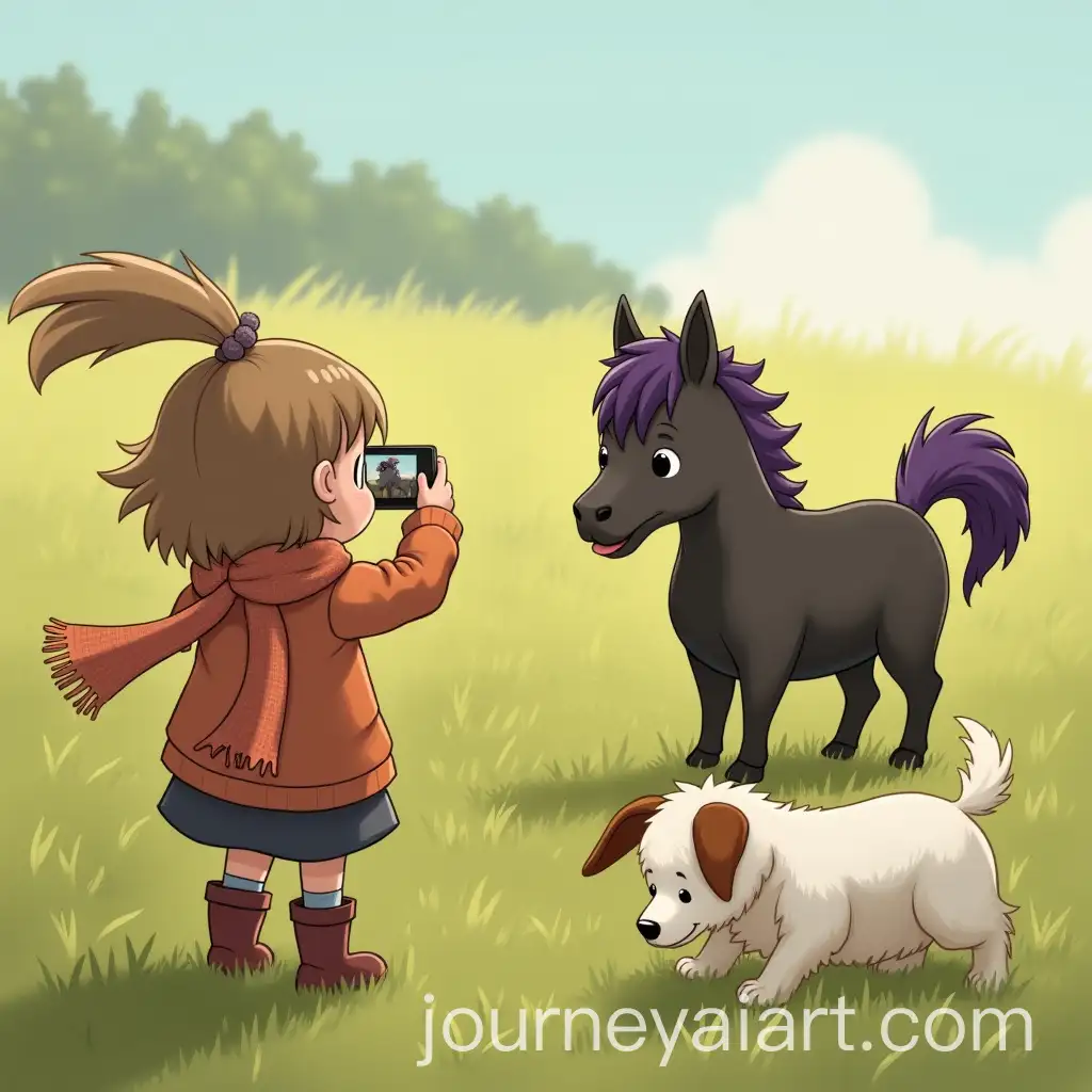 Girl-Photographing-Dogs-and-Pony-in-a-Sunny-Field