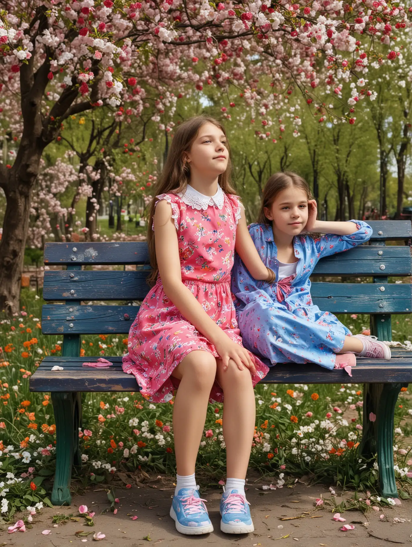 ElevenYearOld-Girls-in-Colorful-Clothing-Sitting-on-a-Park-Bench-Surrounded-by-Blooming-Trees