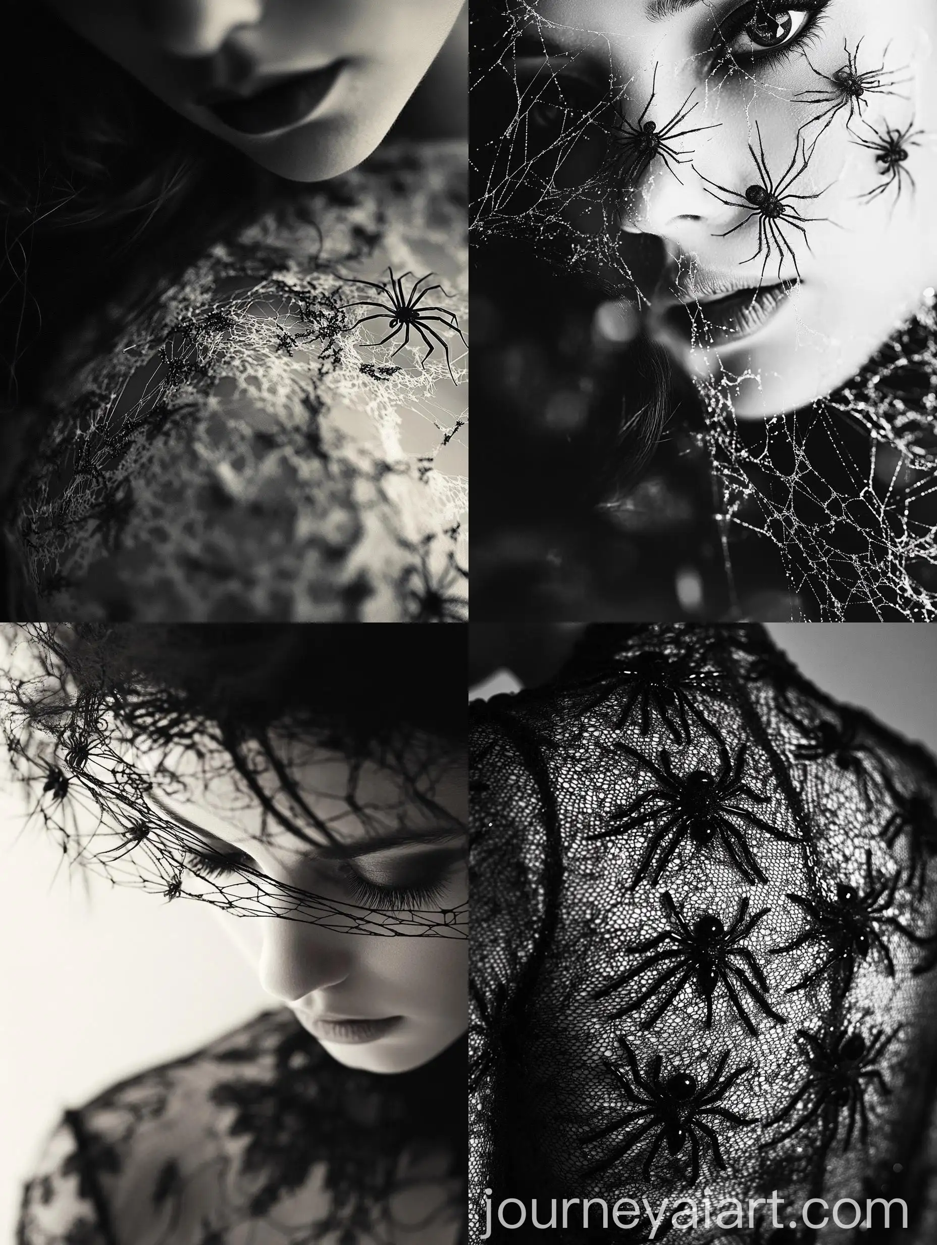 Macro-Photography-of-Beautiful-Woman-in-Lace-Dress-Made-of-Spiders