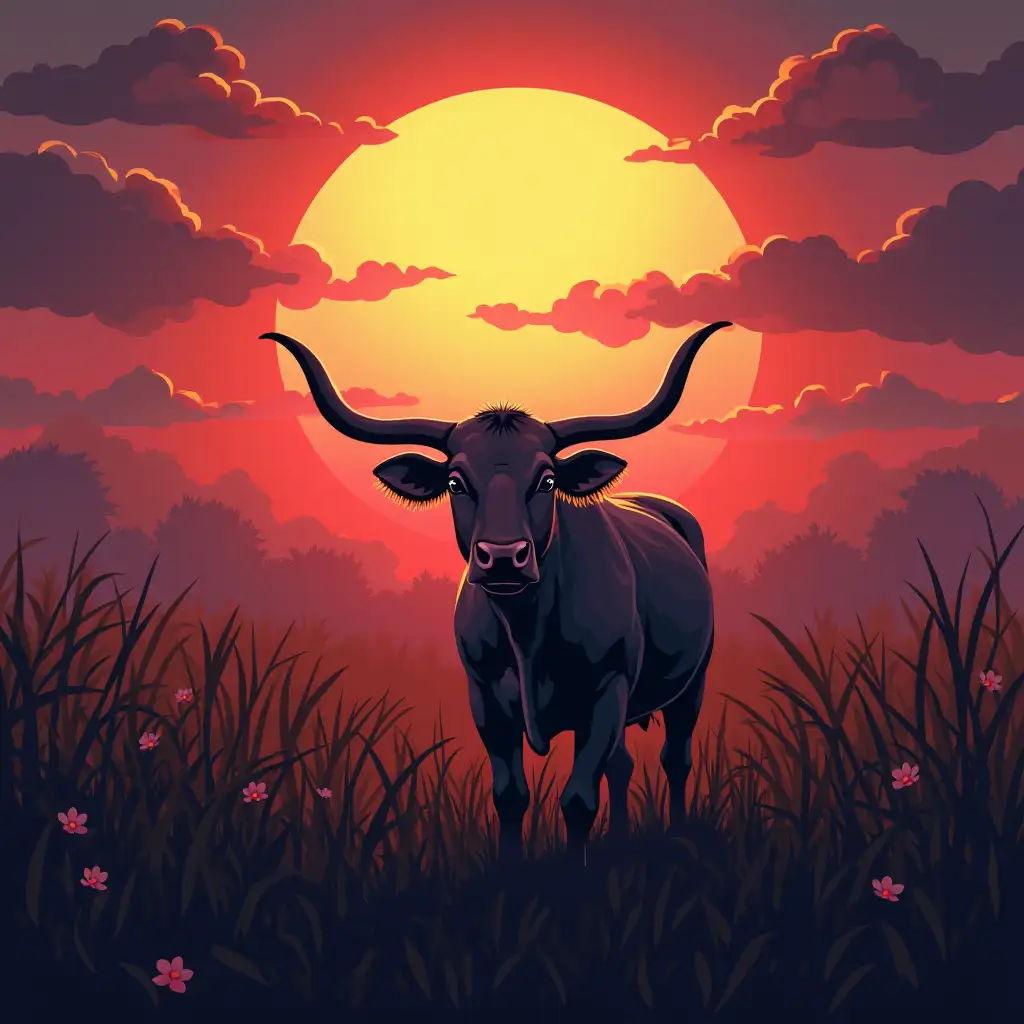 Image of a multicolored sun illuminating a cow