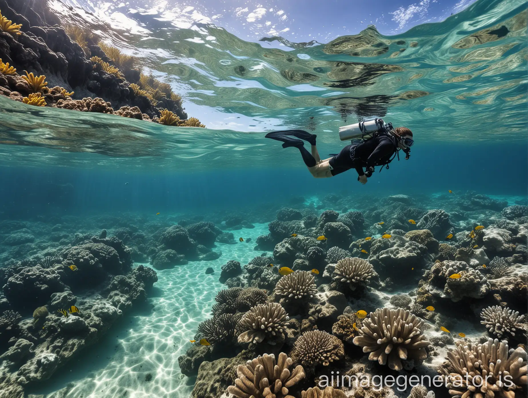 A picture of a dive or snorkeling expedition, showing a traveler swimming in clear waters to discover marine life