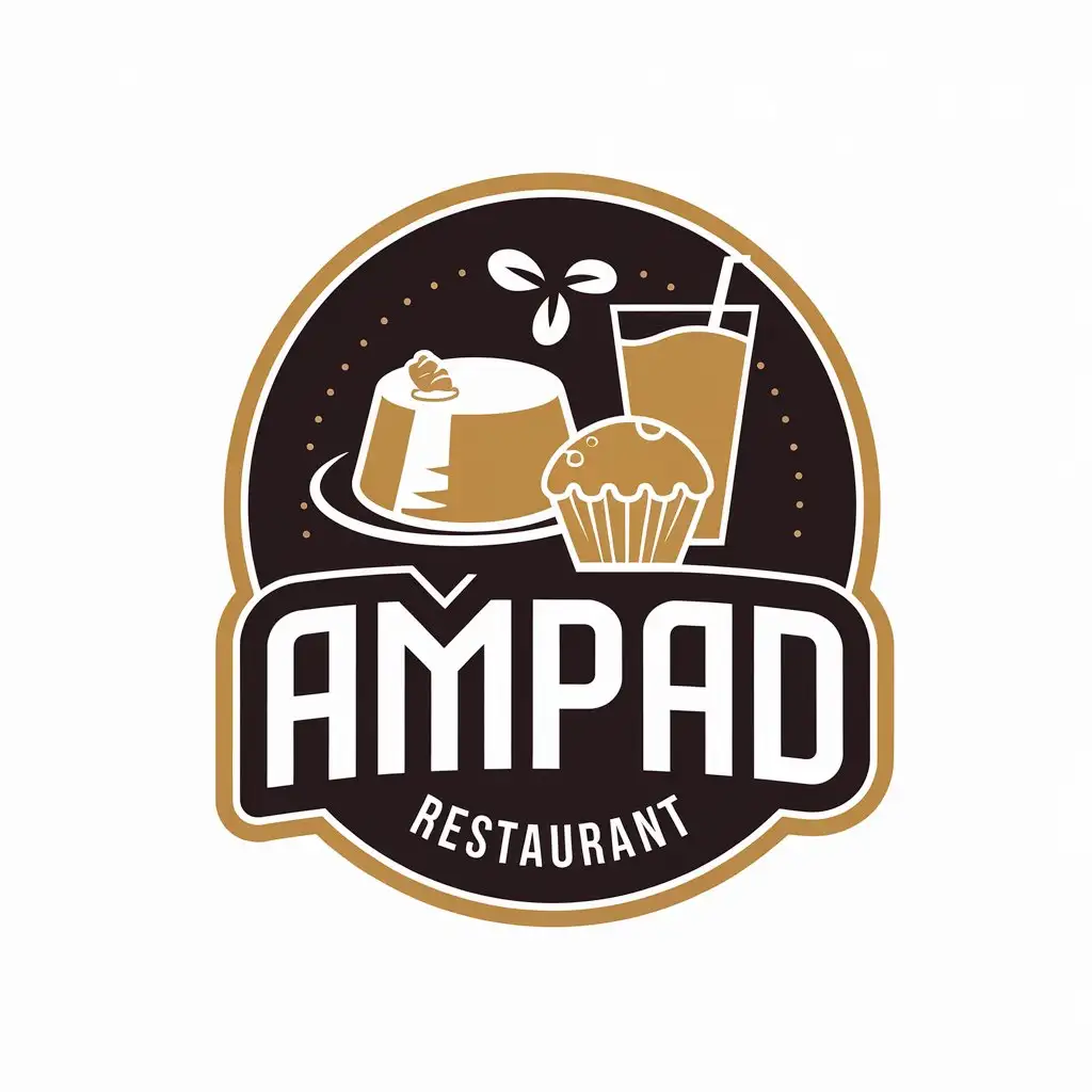 a vector logo design,with the text "AMPAD", main symbol:FLAN, MUFFINS, SMOOTHIES,complex,be used in Restaurant industry,clear background