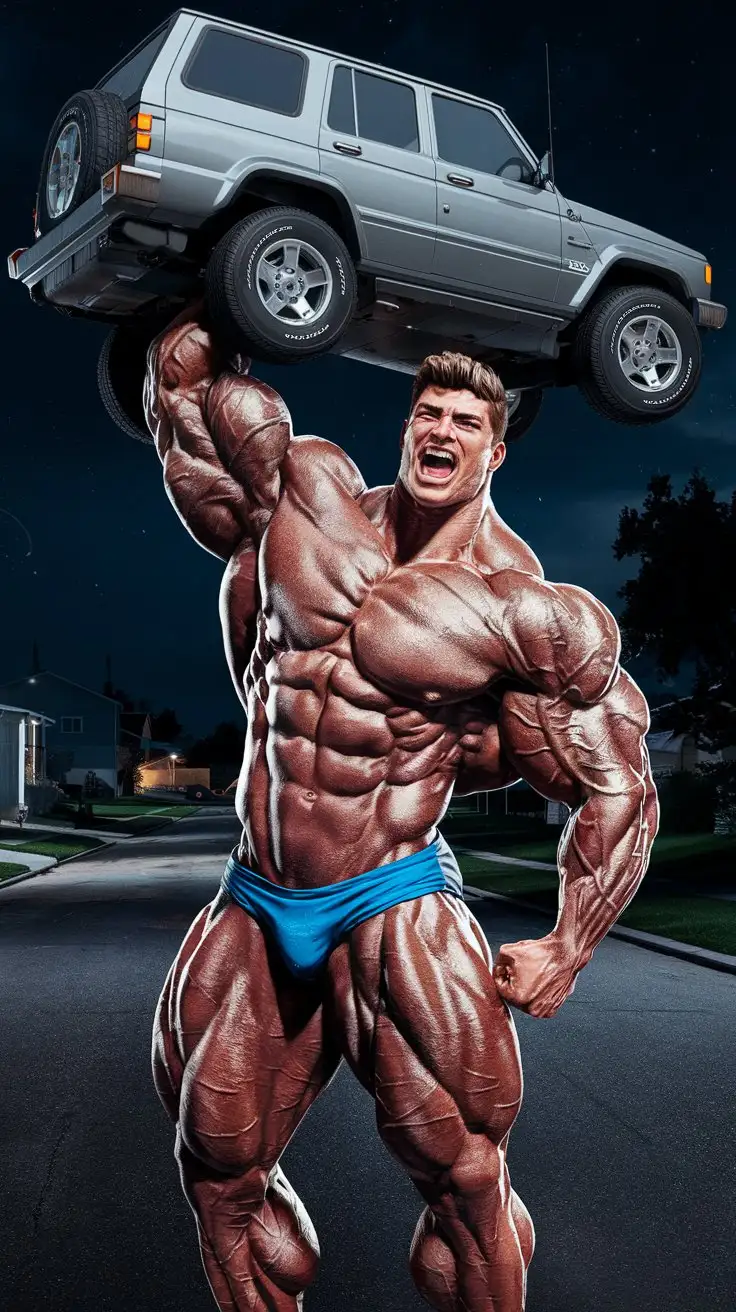 On a suburban street at night. A powerfully muscled, hugely ripped, pumped, bodybuilder musclegod is overjoyed as he holds a SUV over his head with one hand. 18 years old. Photorealistic.
