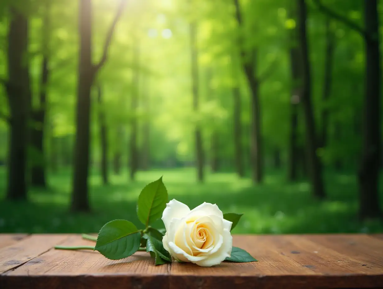 a beautiful green forest in the middle of a wooden table with a white rose on top of the table