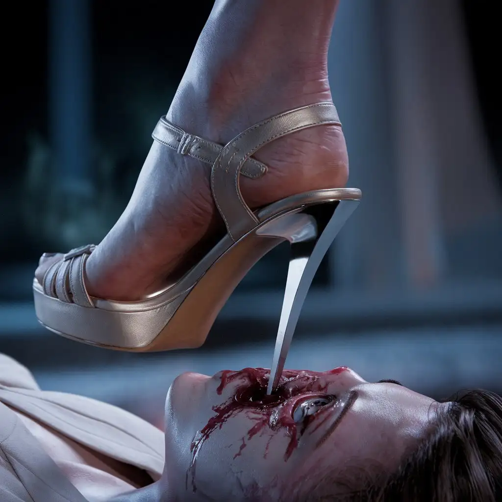  female sandal with a very high thin sharp steel heel that sticks deep into the skull through the eye socket of a lying person, the eye flows out, photo, cinematic, 4k