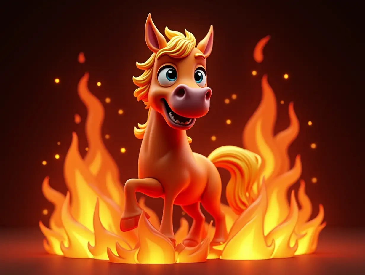 A 3D cartoon-style horse surrounded by flames. The horse has a dynamic and expressive pose, with a glossy, stylized look typical of animated characters. The flames around the horse are vibrant and dramatic, creating a sense of motion and energy. The background is dark to emphasize the brightness of the fire, and the horse's features are exaggerated in a playful, cartoonish manner.