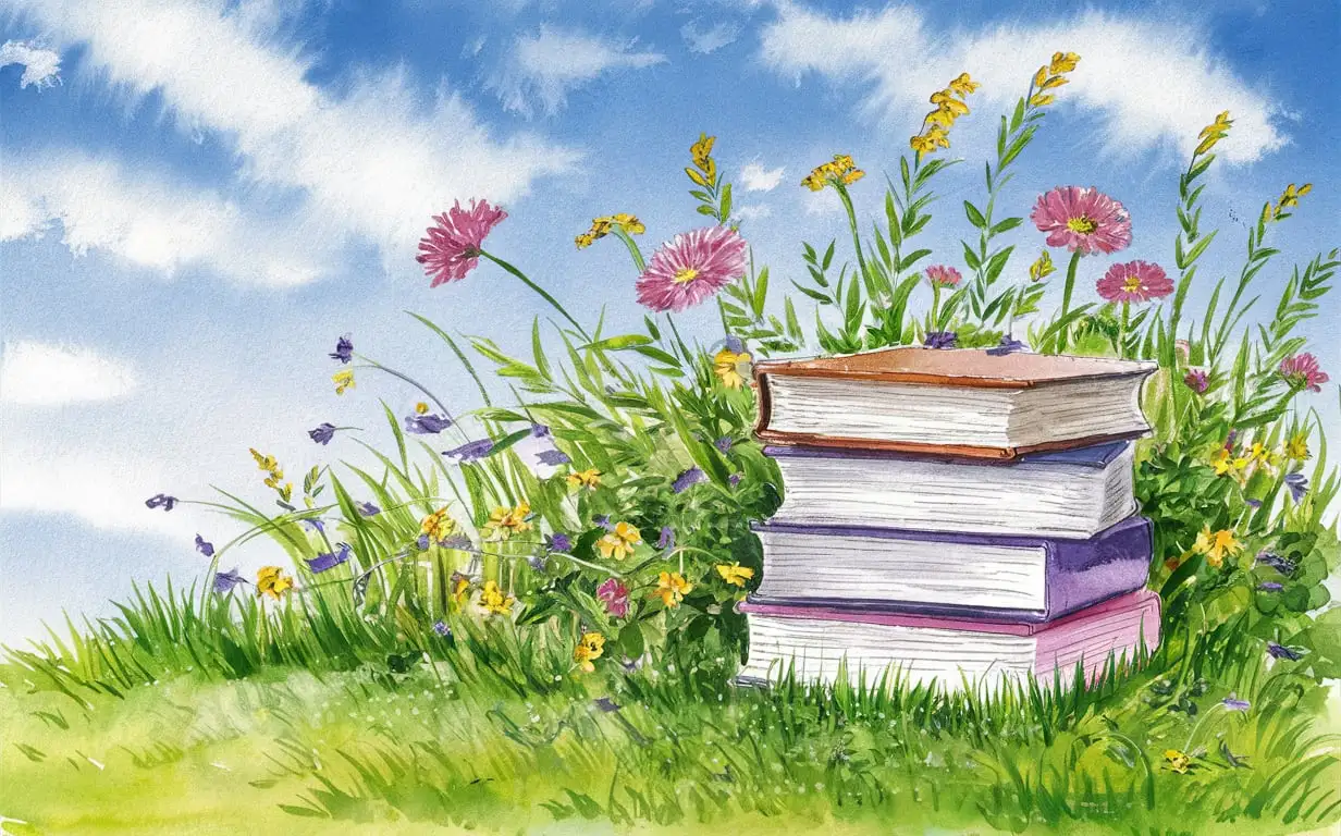 Watercolor Style Stack of Books on Grass with Flowers