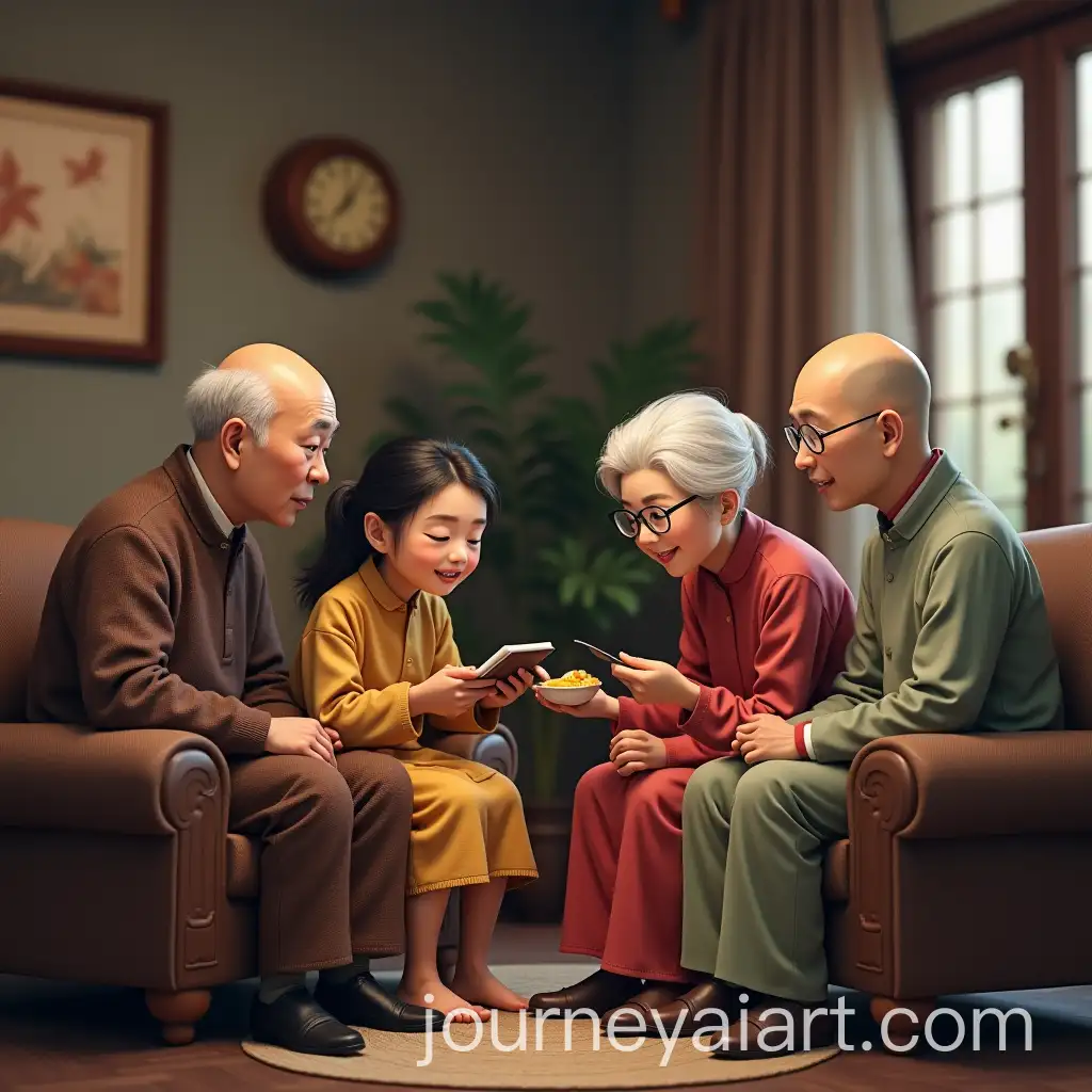 Family-of-Four-Chinese-Sitting-Together-and-Chatting-in-Living-Room