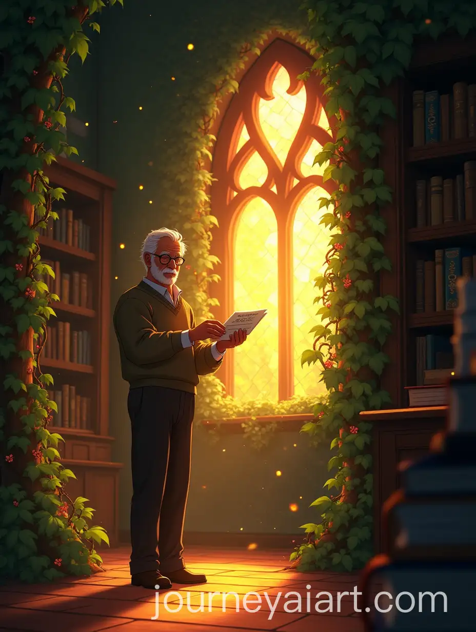 MiddleAged-Man-in-IvyCovered-Library-at-Sunset-Holding-Glowing-Letter