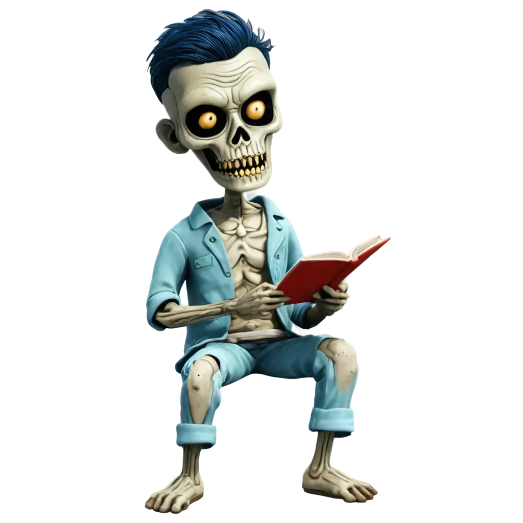 cartoon Zombie boy reading a book in his pajamas while sitting