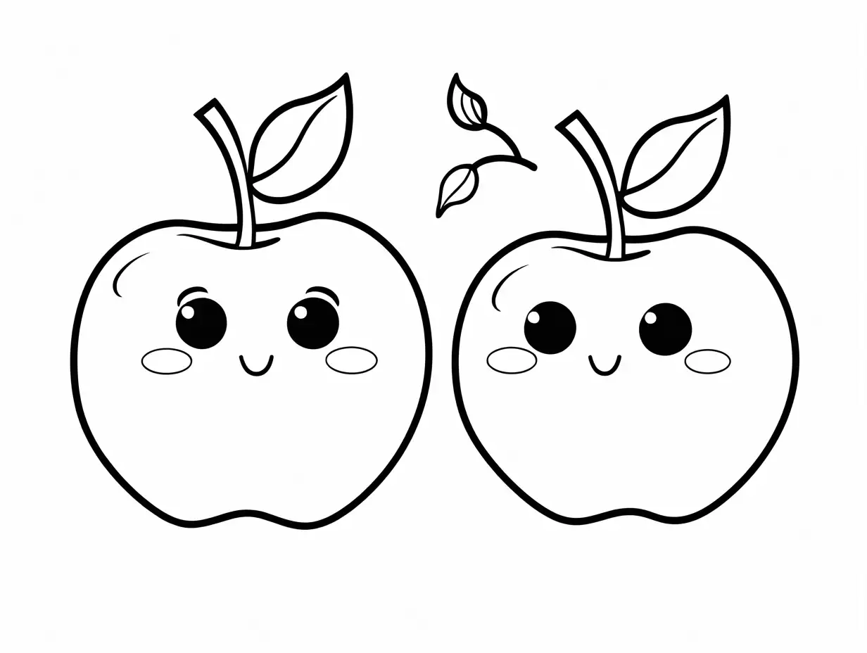 Two cute apples, black and white, simple lines, suitable for coloring page, Coloring Page, black and white, line art, white background, Simplicity, Ample White Space. The background of the coloring page is plain white to make it easy for young children to color within the lines. The outlines of all the subjects are easy to distinguish, making it simple for kids to color without too much difficulty , Coloring Page, black and white, line art, white background, Simplicity, Ample White Space. The background of the coloring page is plain white to make it easy for young children to color within the lines. The outlines of all the subjects are easy to distinguish, making it simple for kids to color without too much difficulty