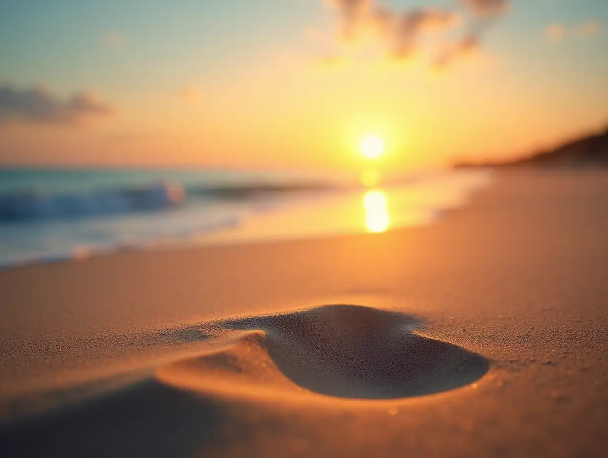 Closeup beach coast sand texture with warm gold orange sunset light. Fantasy beach landscape sky sea bay. Tranquil relax bright horizon, colorful sky. Peaceful nature seascape. Summer Mediterranean