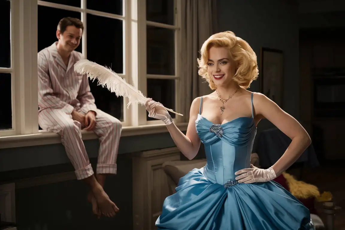 Nighttime Serenade Caucasian Man on Window Ledge and Blonde Woman with Feather