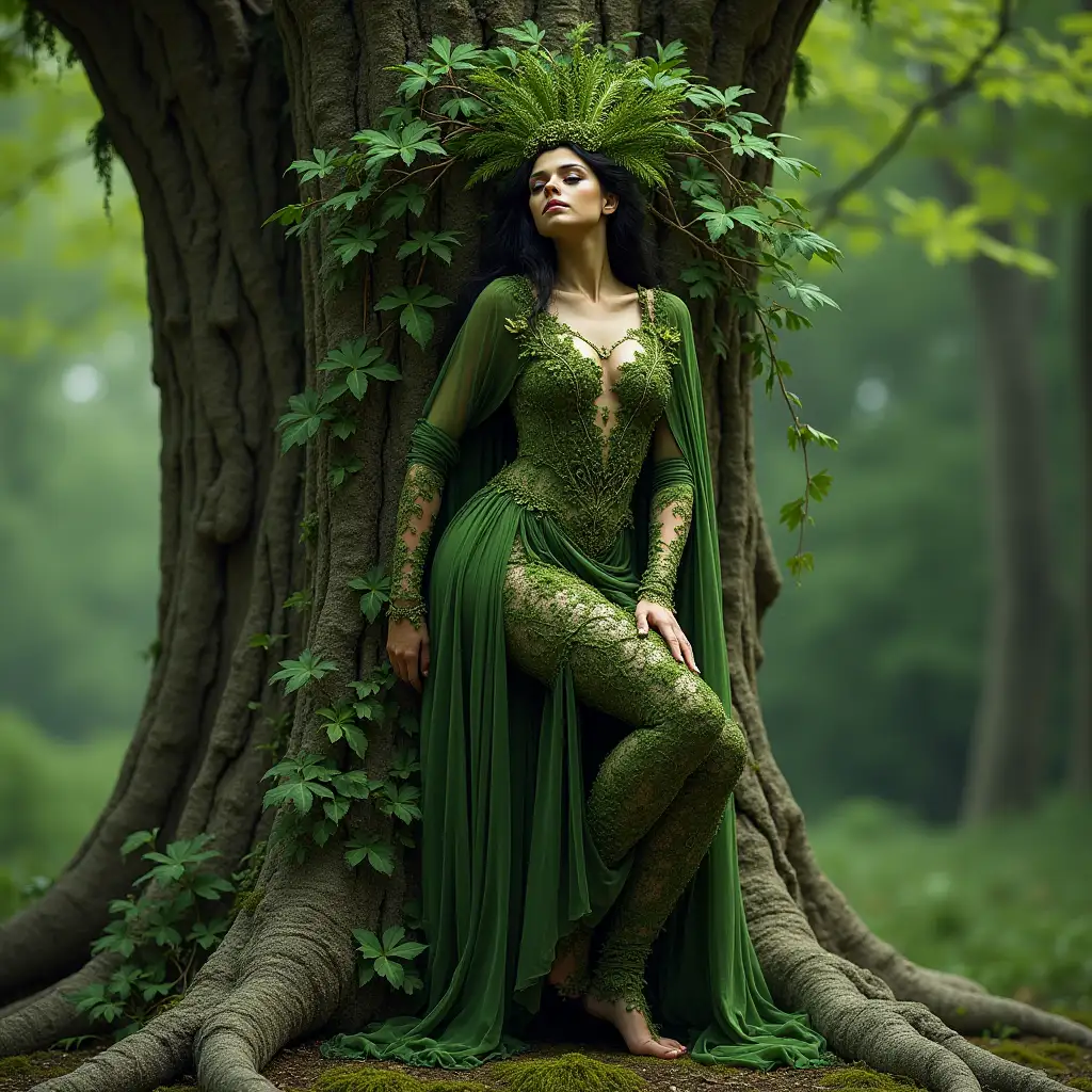 Beautiful-Tree-Nymph-Dryad-Surrounded-by-Leaves-and-Moss