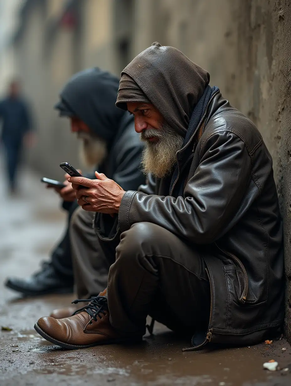 Street Beggars Gazing at an iPhone in Tattered Clothes