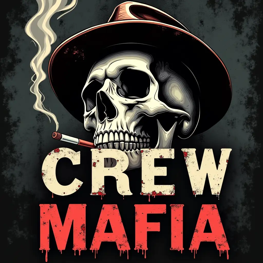 Create an image that features a skull wearing a classic fedora hat tilted to one side, evoking a vintage gangster style. A lit cigarette dangles from the skull's mouth, with smoke trailing upwards, adding a dark and edgy vibe. The background is textured and grungy, enhancing the rugged look. Below the skull, the words 'CREW' and 'MAFIA' are displayed in bold, vintage-style lettering, contributing to the overall gangster aesthetic. The color scheme is primarily black, white, and red accents, giving it a classic, noir-inspired feel.
