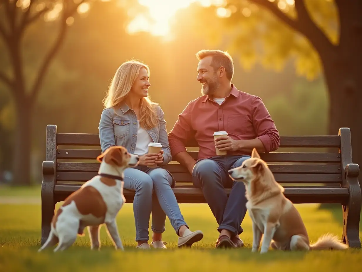 Parents-Enjoying-Coffee-on-a-Park-Bench-While-Dogs-Play-in-Golden-Sunlight