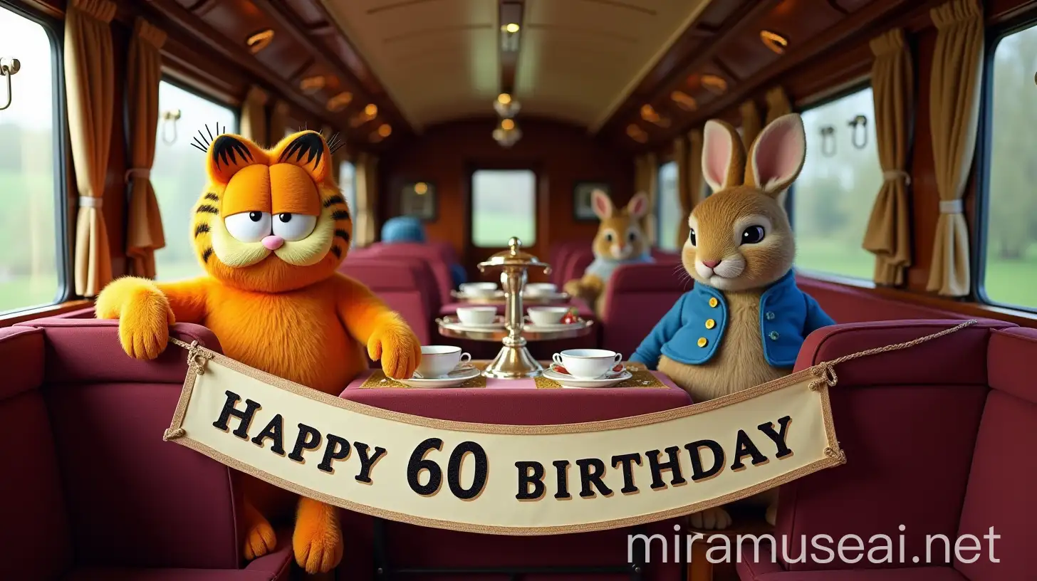 Luxurious Birthday Celebration on Train Carriage with Garfield and Peter Rabbit Enjoying English High Tea