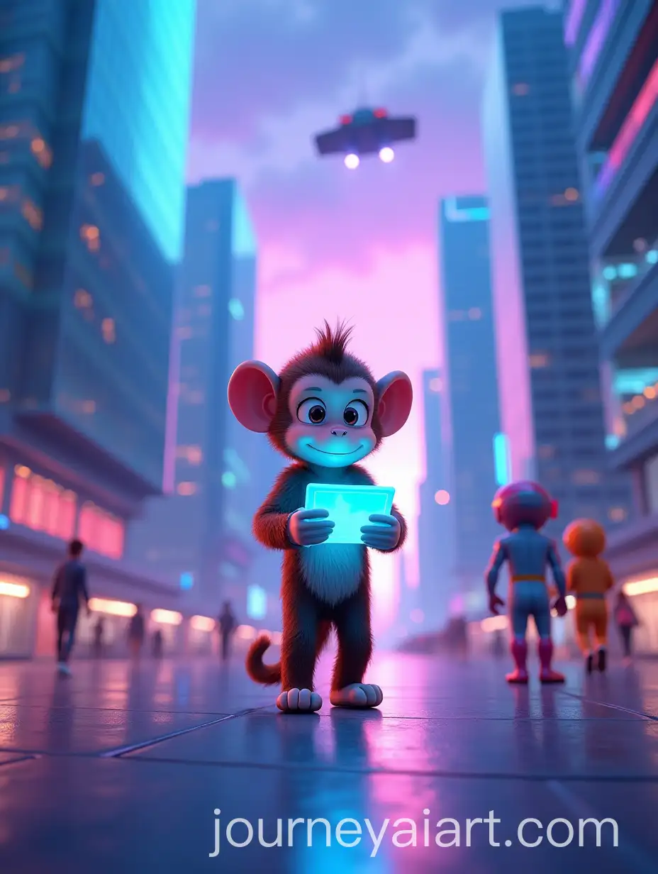 Male-Cartoon-Monkey-in-Futuristic-City-with-Holographic-Tablet-and-Neon-Lights