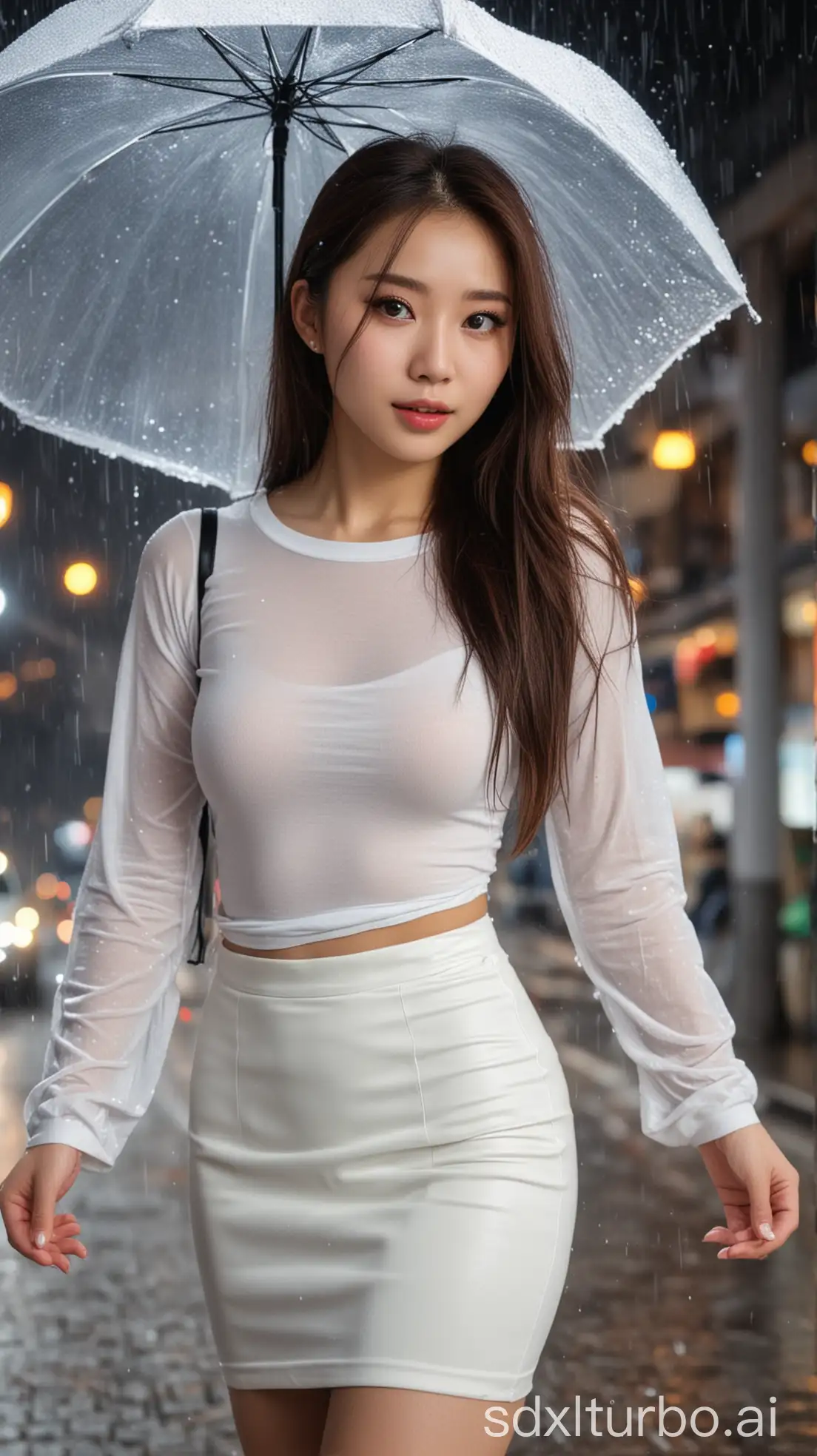 Chinese-Woman-in-White-Winter-Outfit-on-a-Rainy-Night-Street