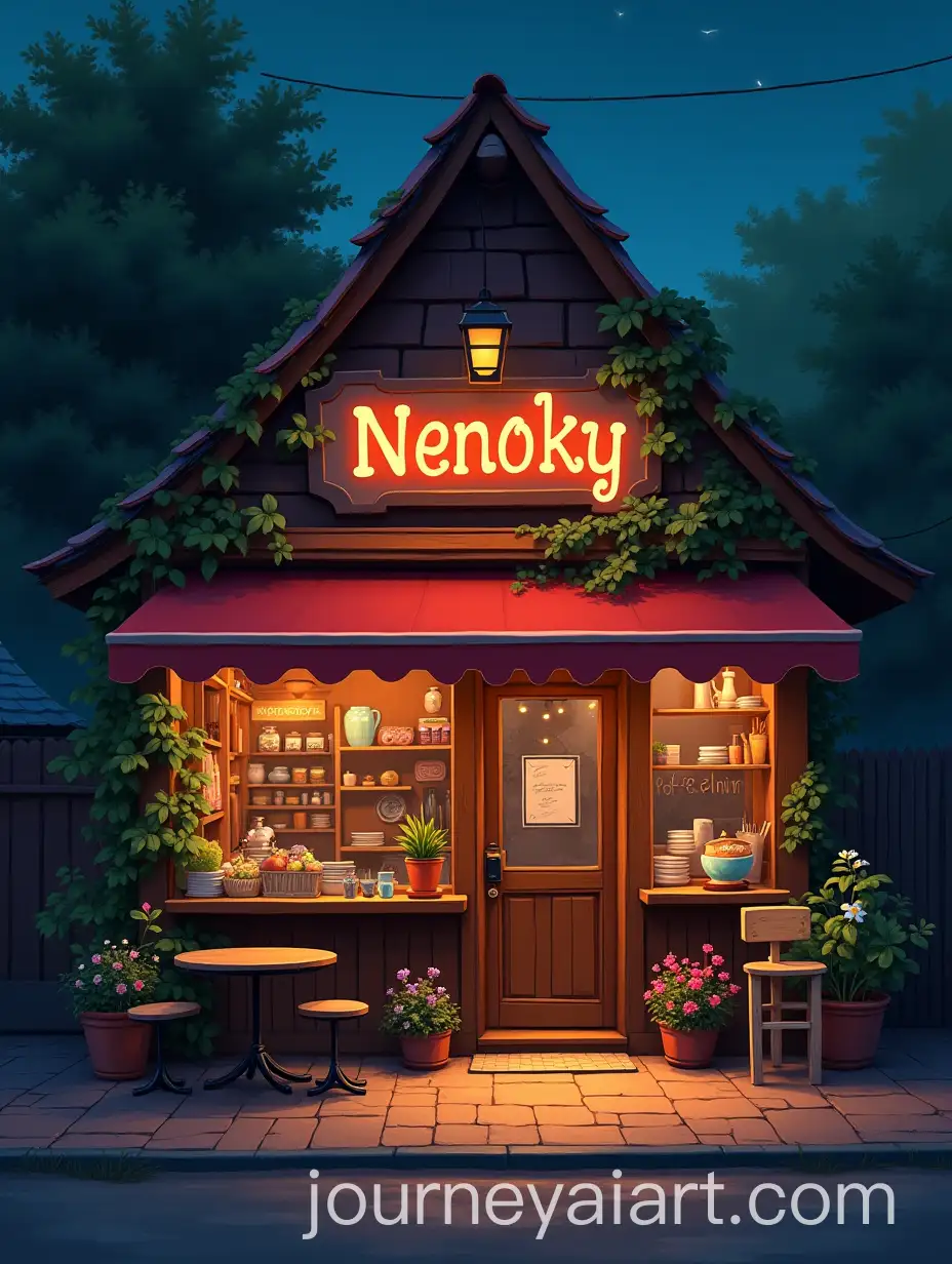 Cozy-Coffee-Stand-at-Night-with-Outdoor-Seating-and-Floral-Decor